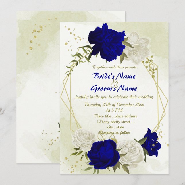 royal blue white flowers green leaves wedding invitation (Front/Back)