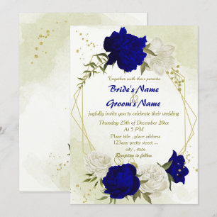 royal blue white flowers green leaves wedding invitation
