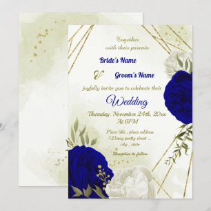 royal blue white flowers green leaves wedding invitation