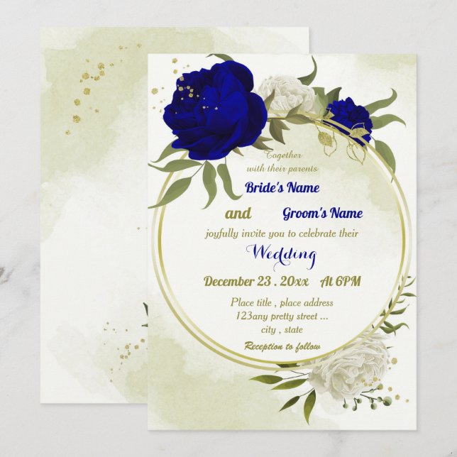 royal blue white flowers green leaves wedding invitation (Front/Back)