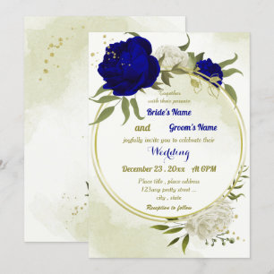 royal blue white flowers green leaves wedding invitation