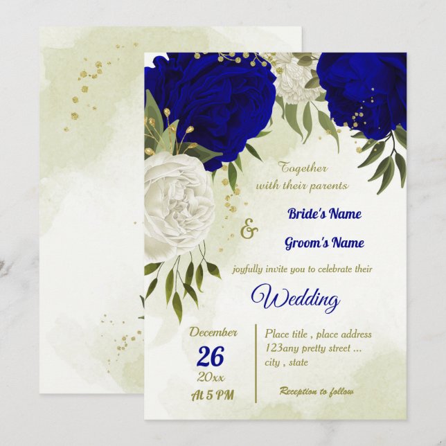 royal blue white flowers green leaves wedding invitation (Front/Back)