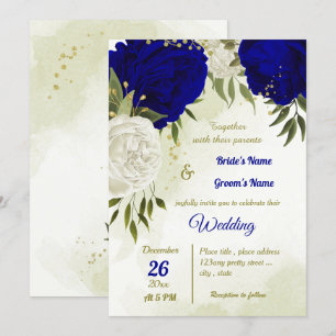 royal blue white flowers green leaves wedding invitation