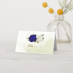royal blue white flowers green leaves wedding place card
