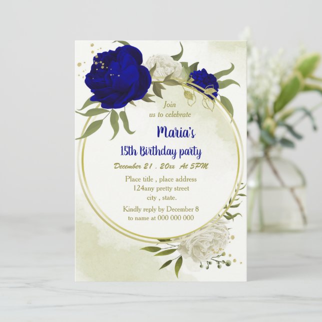 royal blue white flowers greenery birthday  invitation (Standing Front)