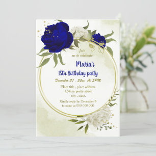 royal blue white flowers greenery birthday  invitation