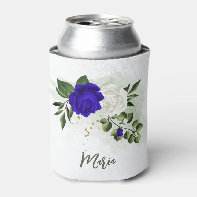 royal blue & white flowers greenery can cooler (Can Front)