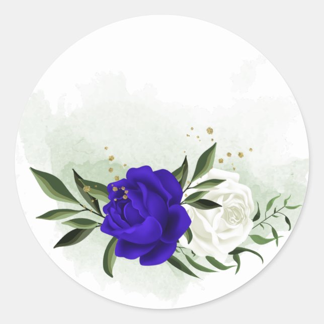 royal blue & white flowers greenery classic round sticker (Front)