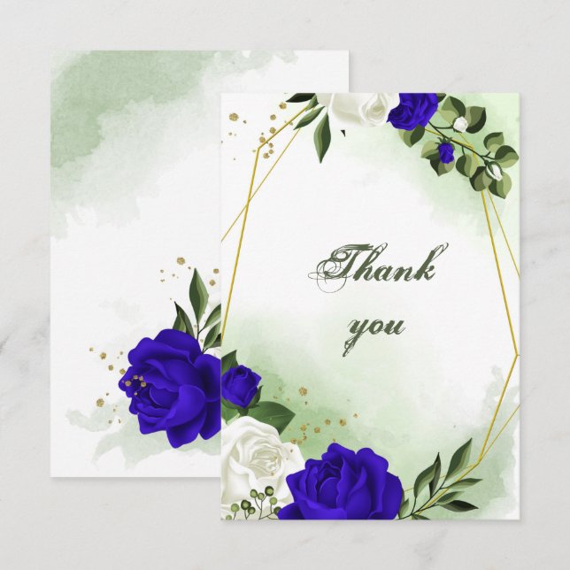 royal blue & white flowers greenery gold geometric thank you card (Front/Back)