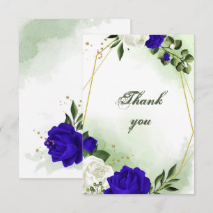 royal blue & white flowers greenery gold geometric thank you card