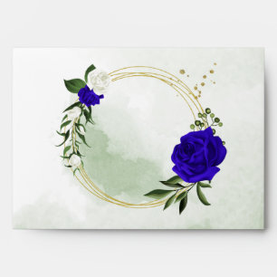 royal blue & white flowers greenery gold wreath envelope