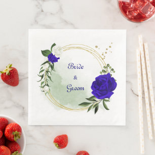 royal blue & white flowers greenery gold wreath napkin