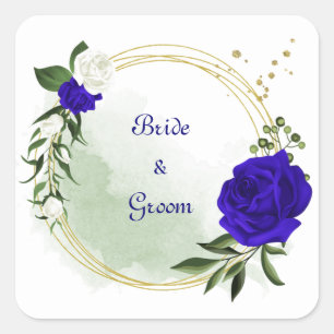 royal blue & white flowers greenery gold wreath square sticker