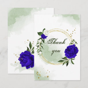 royal blue & white flowers greenery gold wreath thank you card