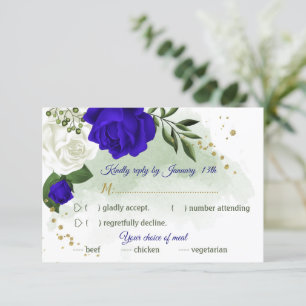 royal blue & white flowers greenery meal choice RSVP card