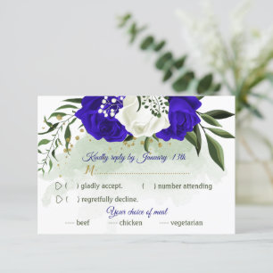 royal blue & white flowers greenery meal choice RSVP card