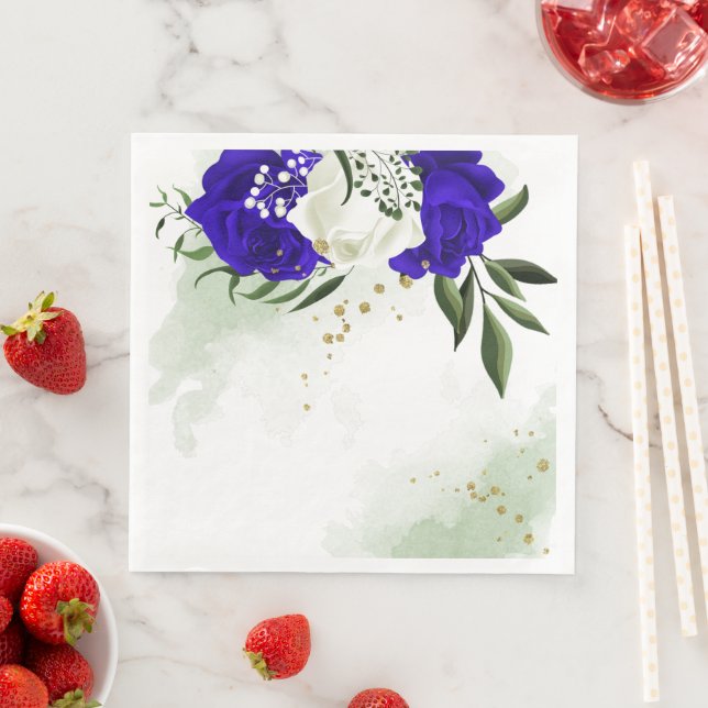 royal blue & white flowers greenery napkin (Insitu)