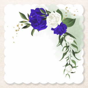 royal blue & white flowers greenery paper coaster