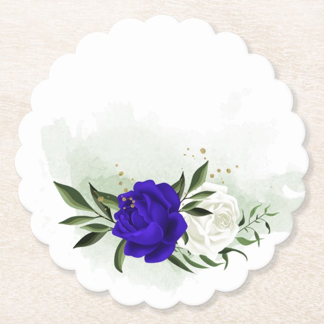 royal blue & white flowers greenery  paper coaster (Front)