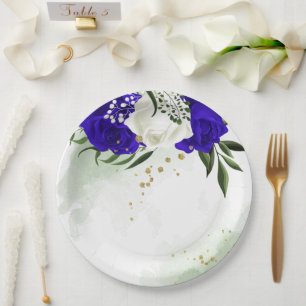 royal blue & white flowers greenery paper plate