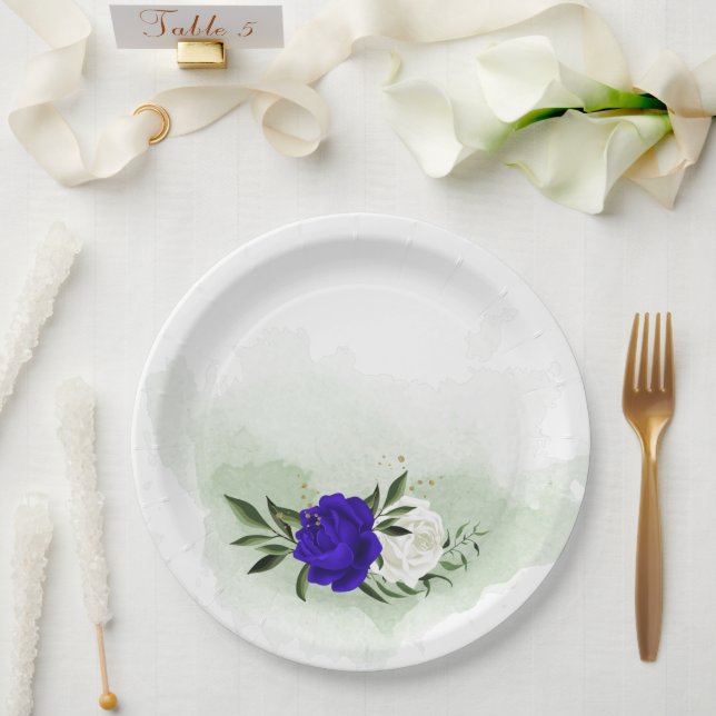 royal blue & white flowers greenery paper plate (Wedding)