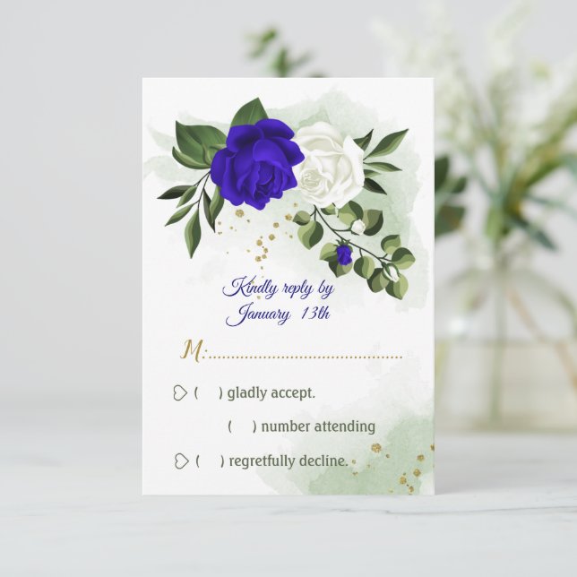 royal blue & white flowers greenery RSVP card (Standing Front)
