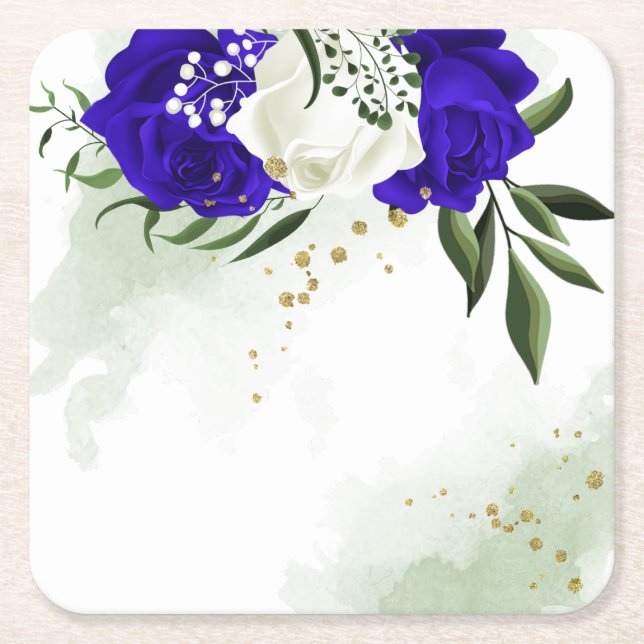 royal blue & white flowers greenery  square paper coaster (Front)