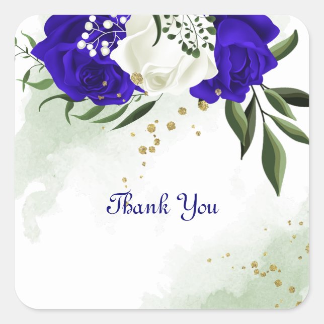 royal blue & white flowers greenery  square sticker (Front)