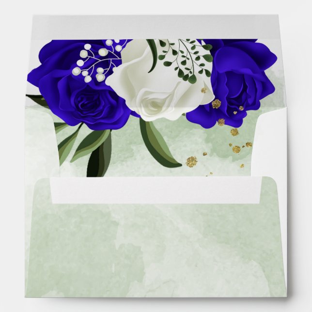 royal blue & white flowers greenery wedding envelope (Back (Bottom))
