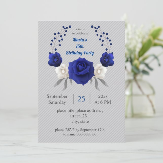 royal blue white flowers grey birthday invitation (Standing Front)