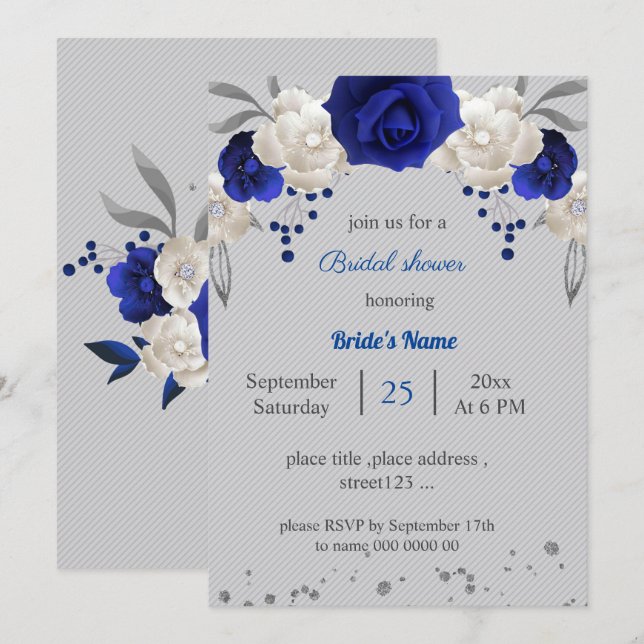 royal blue white flowers grey leaves bridal shower invitation (Front/Back)