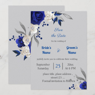 royal blue white flowers grey leaves save the date invitation