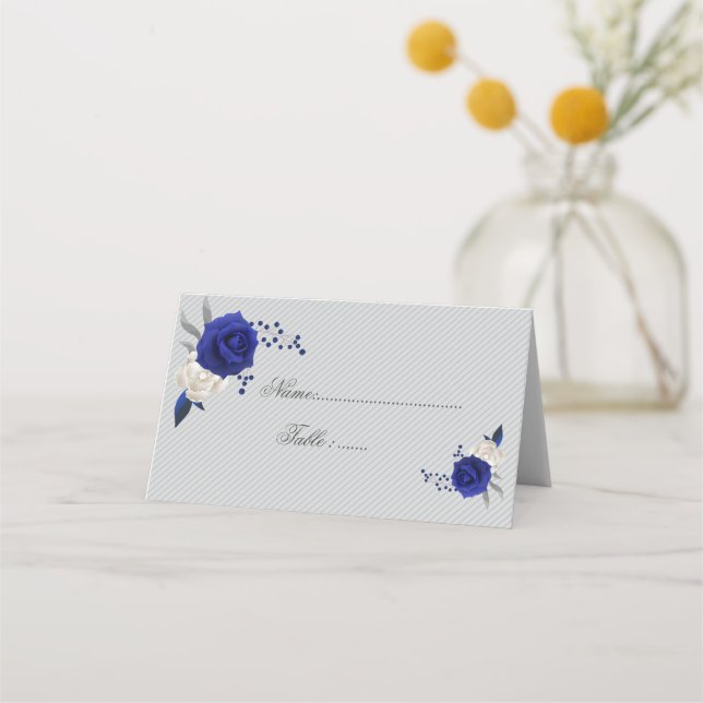royal blue white flowers grey place card (Front)