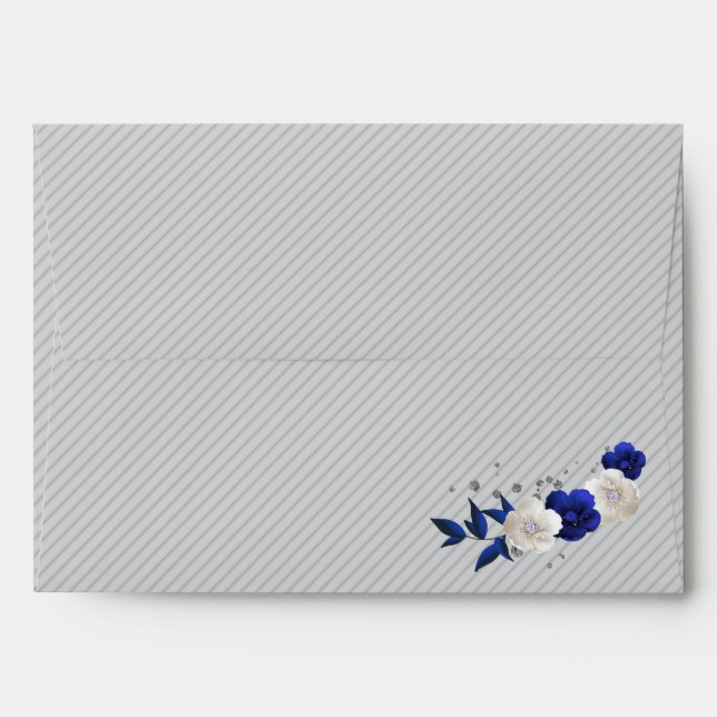 royal blue  white flowers grey wedding envelope (Back (Top Flap))