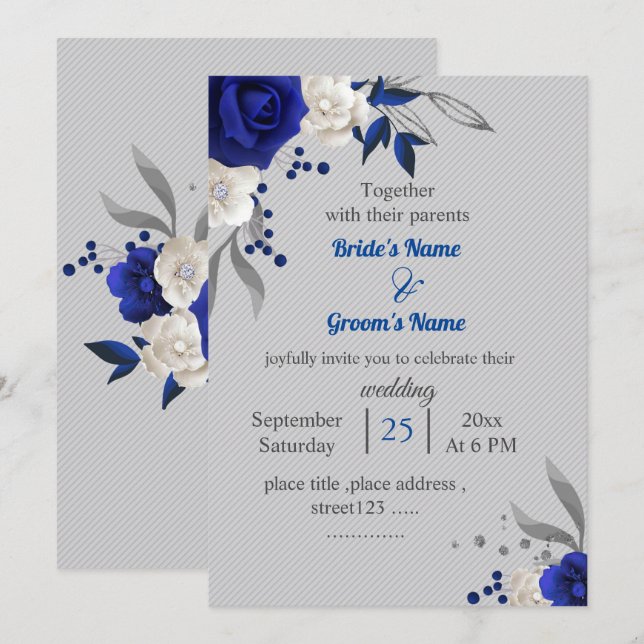 royal blue white flowers leaves grey wedding invitation (Front/Back)