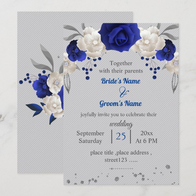 royal blue white flowers leaves grey wedding invitation (Front/Back)