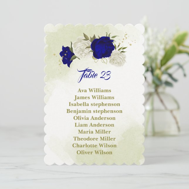 royal blue white flowers seating chart card (Standing Front)
