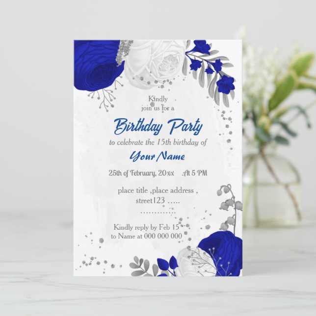 royal blue &white flowers silver birthday invitation (Standing Front)