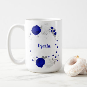 royal blue &white flowers silver botanical wedding coffee mug