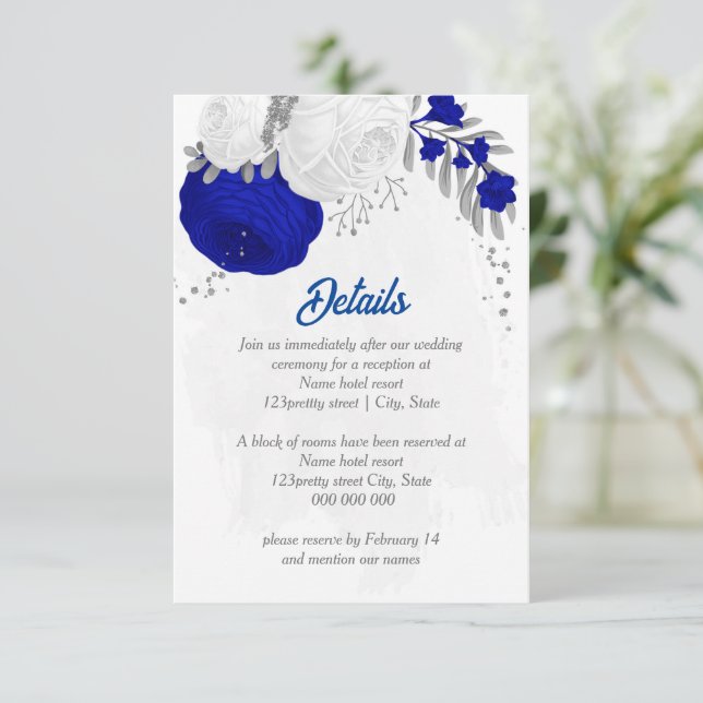 royal blue &white flowers silver botanical wedding enclosure card (Standing Front)