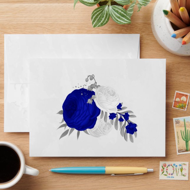 royal blue &white flowers silver botanical wedding envelope (Desk)