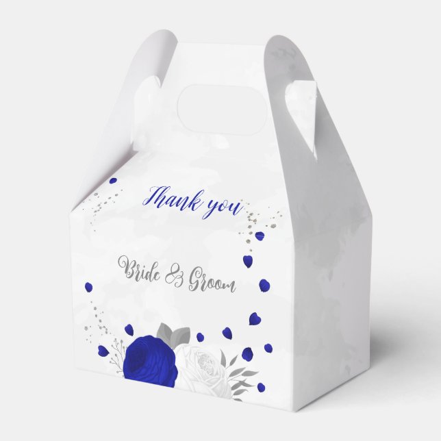 royal blue &white flowers silver botanical wedding favour box (Front Side)