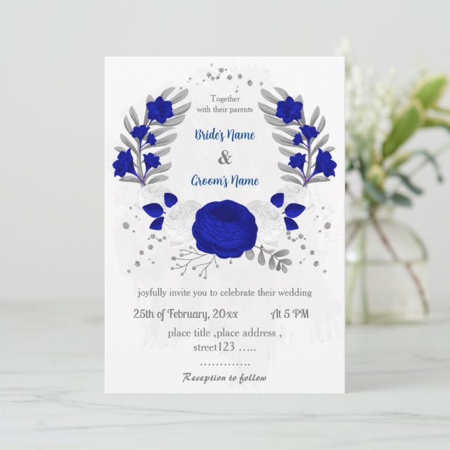 royal blue &white flowers silver botanical wedding invitation (Standing Front)