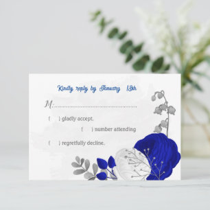 royal blue &white flowers silver botanical wedding RSVP card