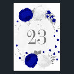 royal blue &white flowers silver botanical wedding table number<br><div class="desc">Romantic royal blue & white flowers with silver leaves botanical wedding table number card.
The glitter details are simulated.</div>