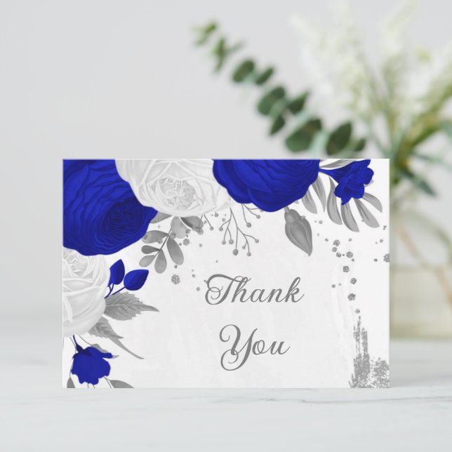 royal blue &white flowers silver botanical wedding thank you card (Standing Front)