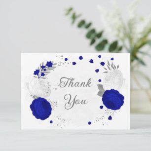 royal blue &white flowers silver botanical wedding thank you card