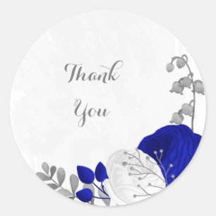  royal blue & white flowers silver classic round sticker
