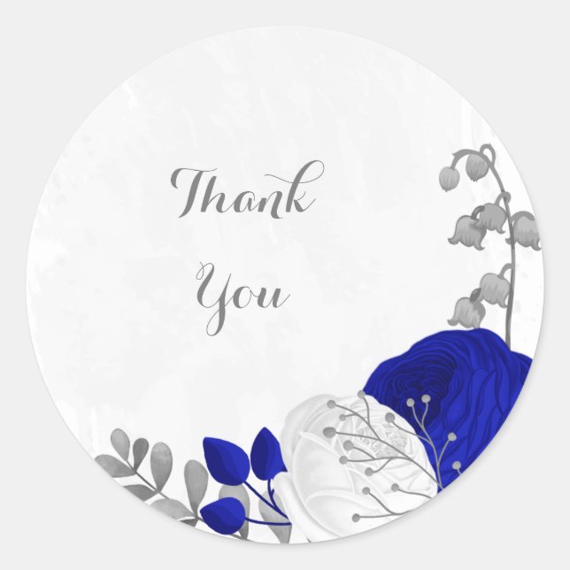  royal blue & white flowers silver classic round sticker (Front)