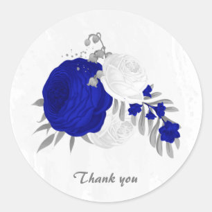 royal blue & white flowers silver classic round sticker